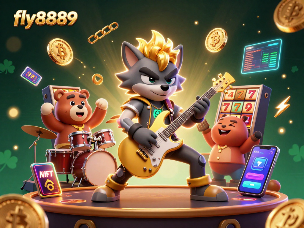 Experience high-stakes excitement with fly8889's vibrant casino scene featuring energetic characters and dazzling crypto elements.