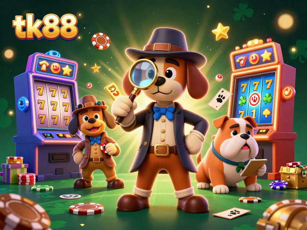Experience thrilling action at tk88 with a 3D detective illustration exploring poker clues and colorful gaming machines.