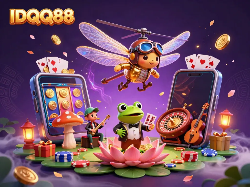 Experience thrilling gameplay with IDQQ88 at a lively lily pad casino, showcasing fun characters and games.