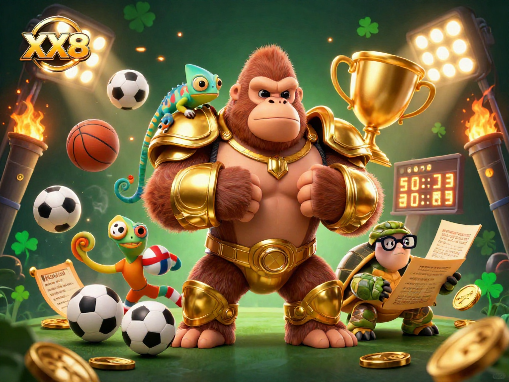 Engage in thrilling action at XX88, featuring a dynamic scene with colorful sports elements and characters in a vibrant casino environment.