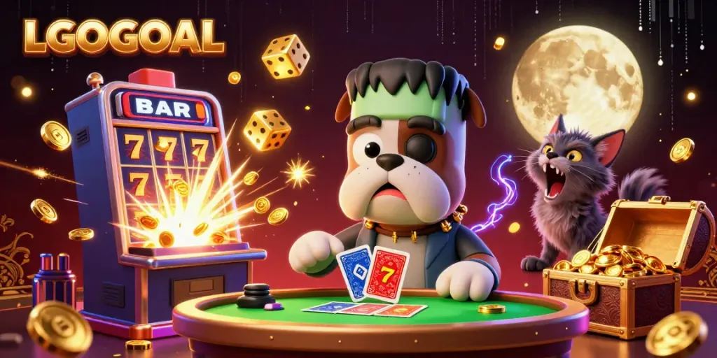 Experience thrilling games at LGOGOAL with a vibrant 3D casino illustration showcasing dynamic action and excitement.