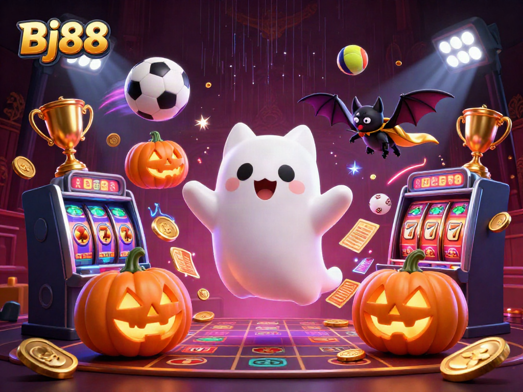 Bj88 brings excitement as a friendly ghost cat and a bat in a haunted casino filled with vibrant slot elements.