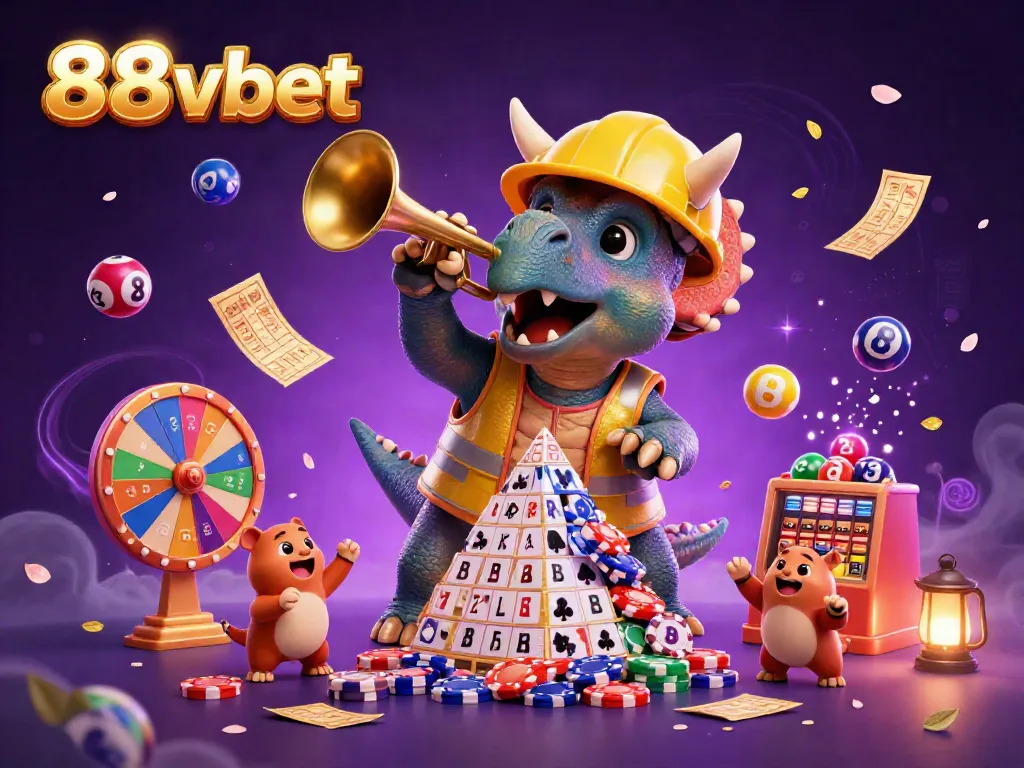 Enter the vibrant world of 88vbet where a triceratops builds poker chip pyramids amidst a lively celebration.