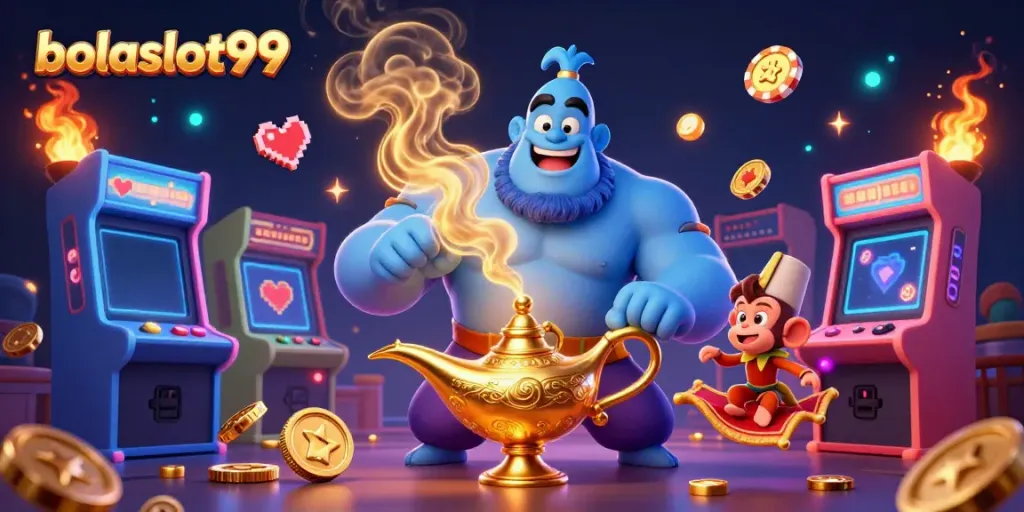 Engage with bolaslot99 slot machines amidst a vibrant casino scene featuring animated characters and gold coins.