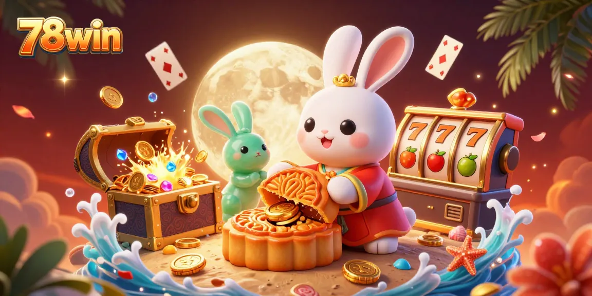 Experience the excitement of 78win with a vibrant 3D casino scene featuring the moon rabbit and golden slots.