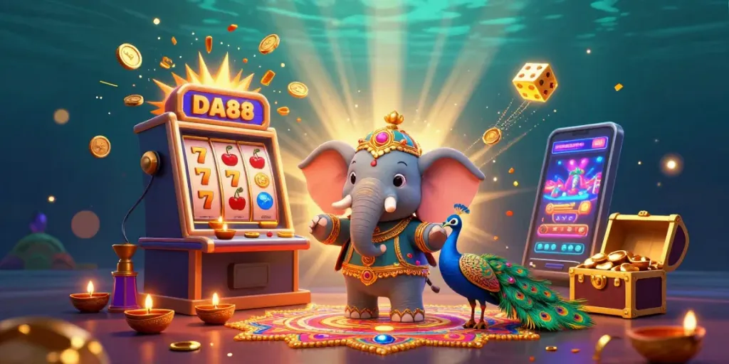 Experience the thrilling gambling adventures at DA88 with a vibrant 3D illustration showcasing an exciting casino atmosphere.