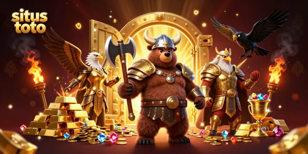 Engage in situs toto gaming with a vibrant 3D scene featuring dynamic casino elements and colorful characters.