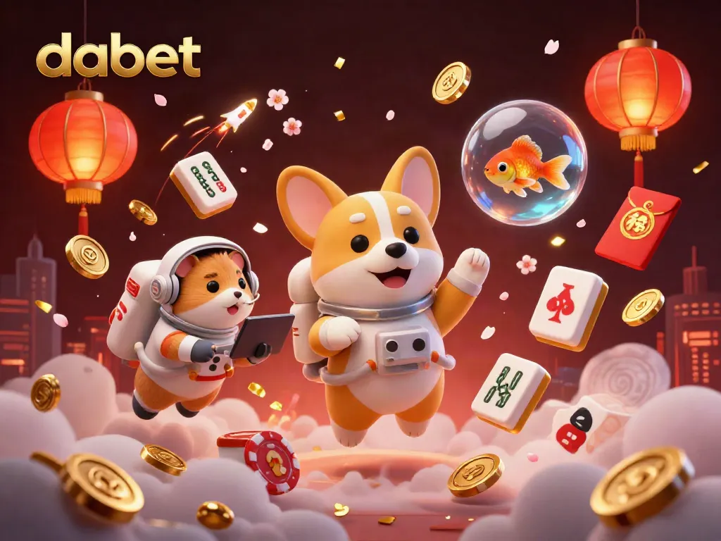 Experience thrilling games at dabet with a floating 3D cartoon astronaut corgi in a casino.