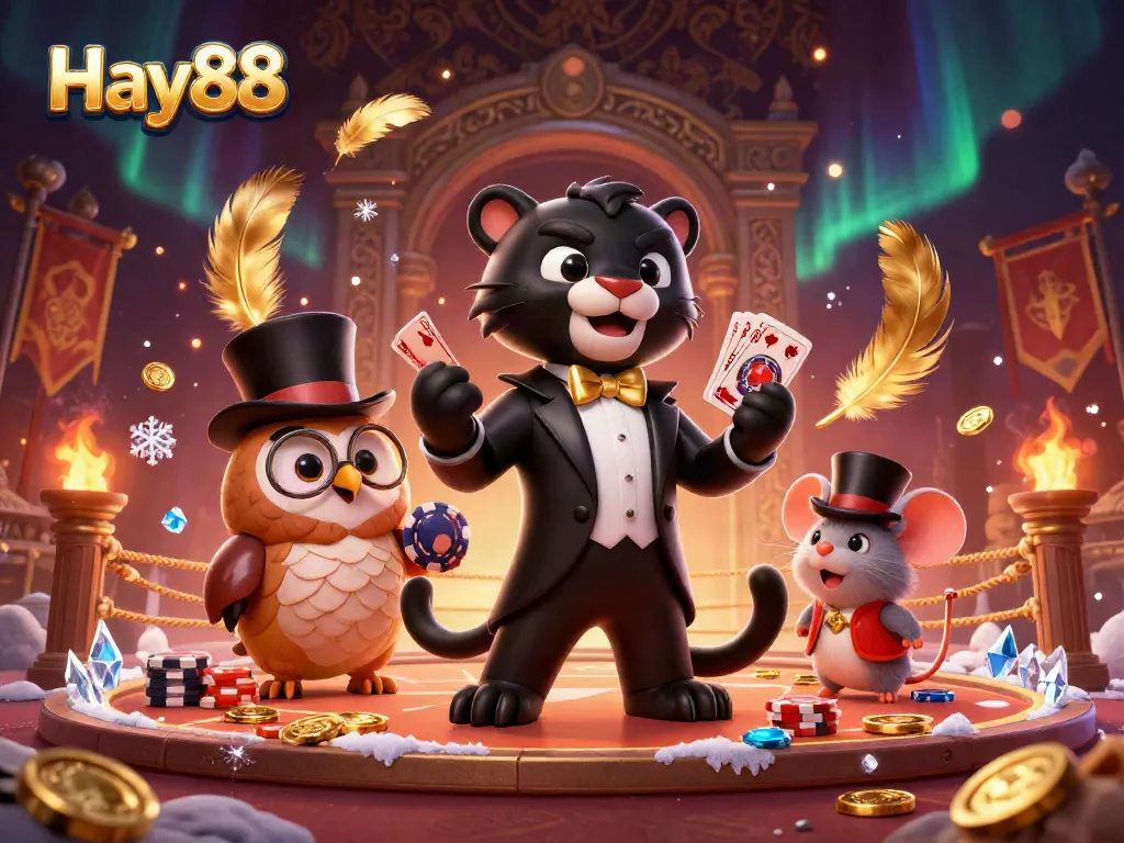 Join the action at Hay88 with a stylish panther dealer and characters amidst a vibrant casino scene.