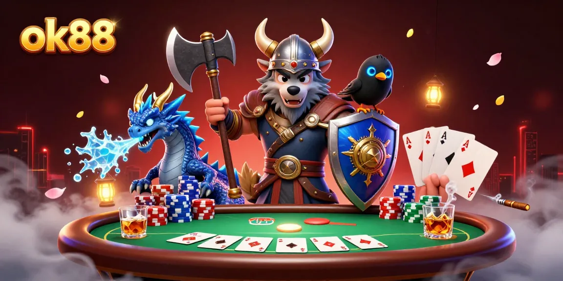 Engage with ok88's exciting Viking-themed casino adventure filled with vibrant poker elements and mythical creatures.