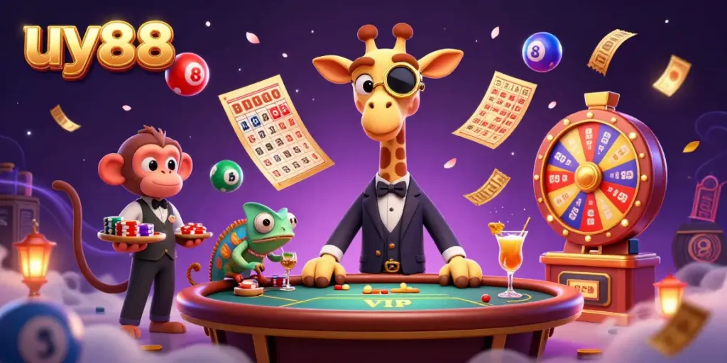 Experience gaming excitement with uy88 featuring a high-roller giraffe, monkey valet, and chameleon bartender.
