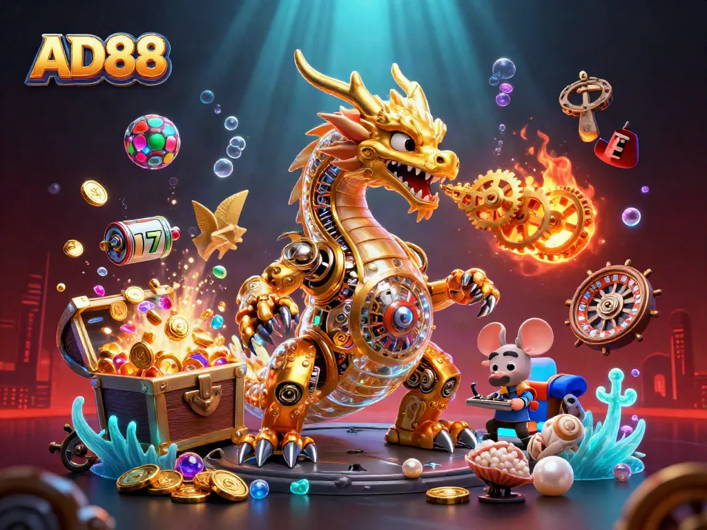 Experience the thrill of AD88 with a golden dragon breathing gears amidst vibrant casino elements.