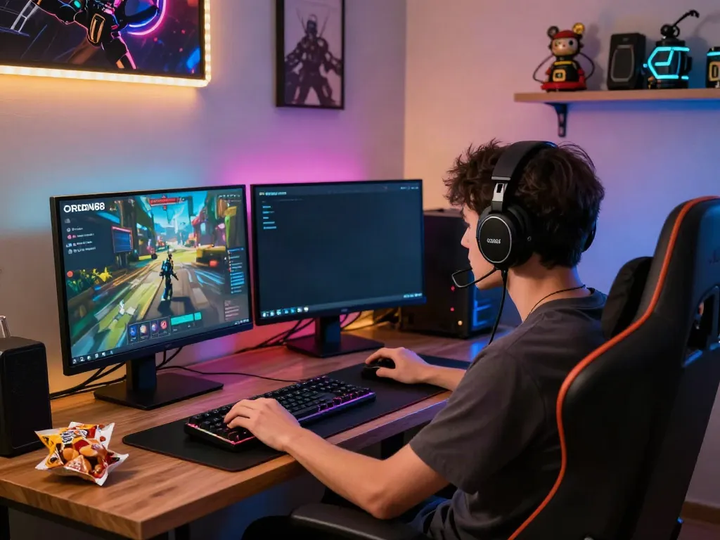 Player engaging with ORION88 APK in a vibrant gaming setup.
