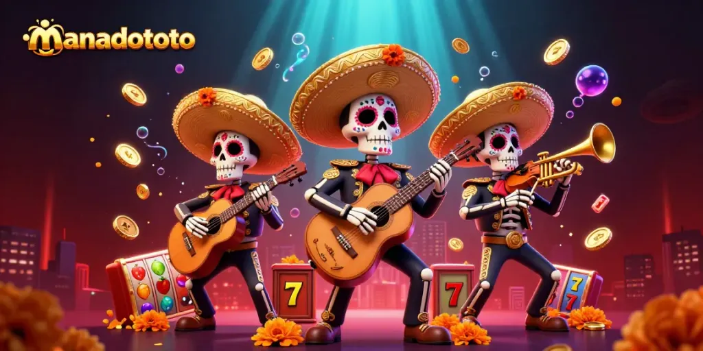 Engaging manadototo experience with lively mariachi band amidst slot machines and vibrant visuals.