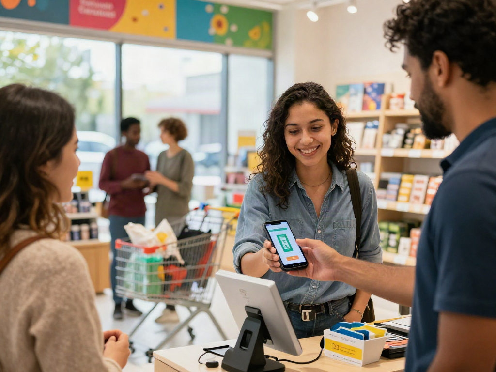 Customer making payment using slot qris in a vibrant retail store, showcasing digital transaction