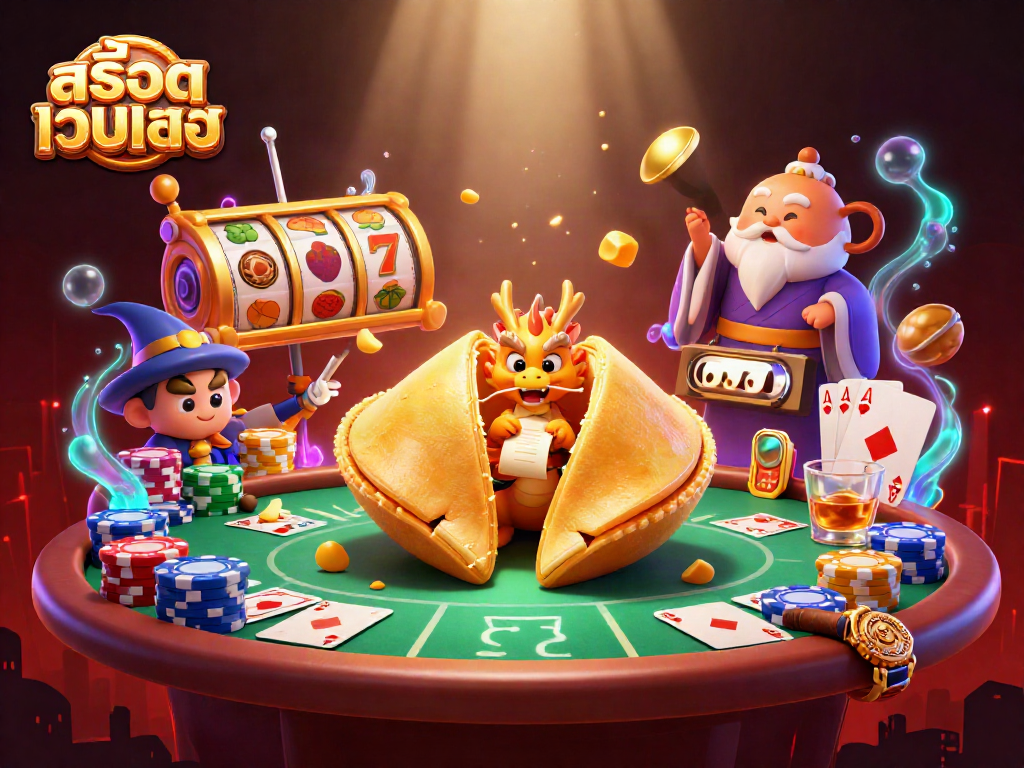 Engage with สล็อตเว็บตรง as a dragon reveals fortunes from a glowing cookie amidst vibrant gambling elements.