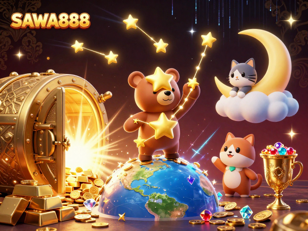 SAWA888 offers an exhilarating gaming experience with vibrant elements like golden treasures and captivating characters.