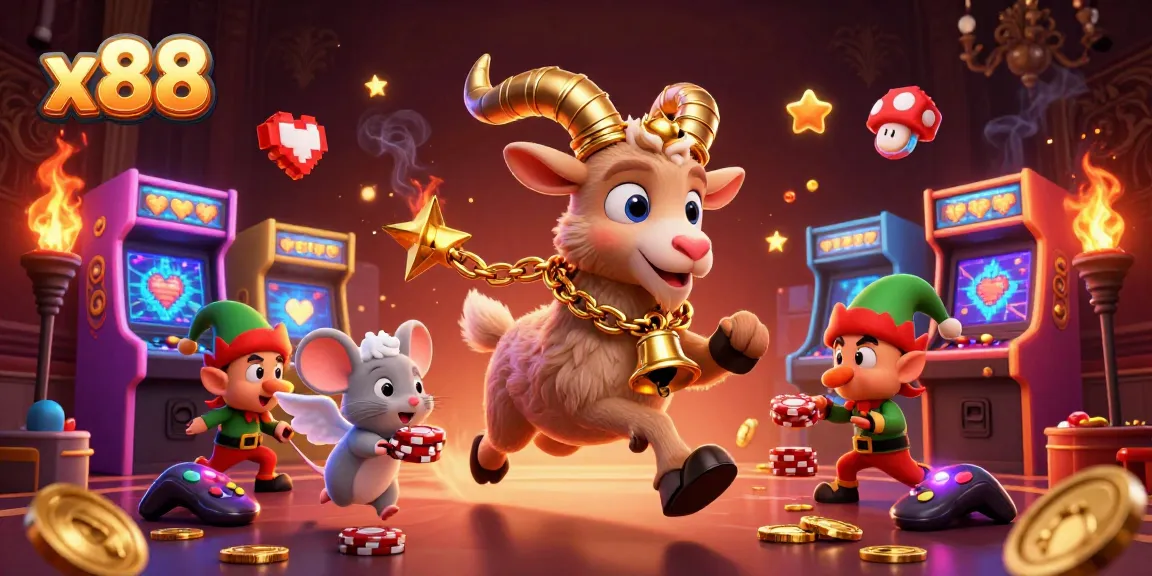 X88 casino illustration featuring festive Krampus, an angel mouse, and gremlins stealing chips.