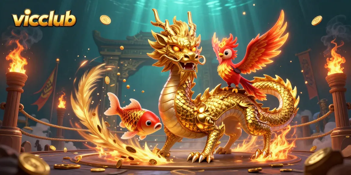 Join the excitement at vicclub with a fierce dragon, phoenix, and koi fish celebrating wins in a vibrant casino scene.