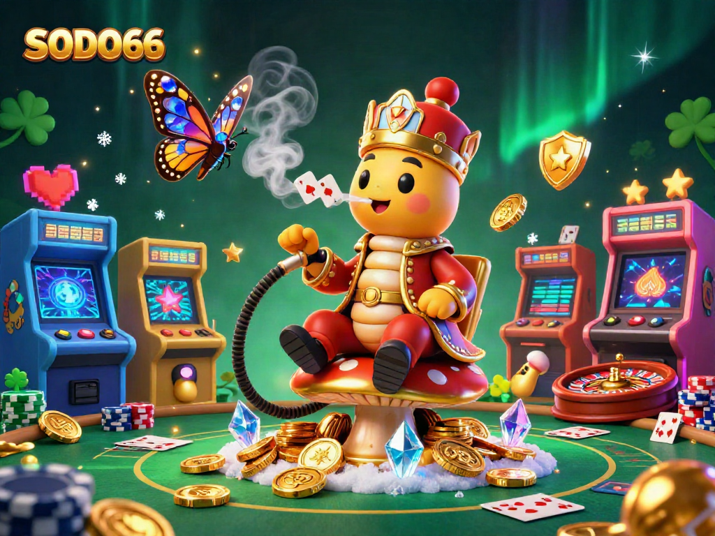 SODO66 engages players in an enchanting casino scene with a caterpillar hookah-master and vibrant gaming machines.