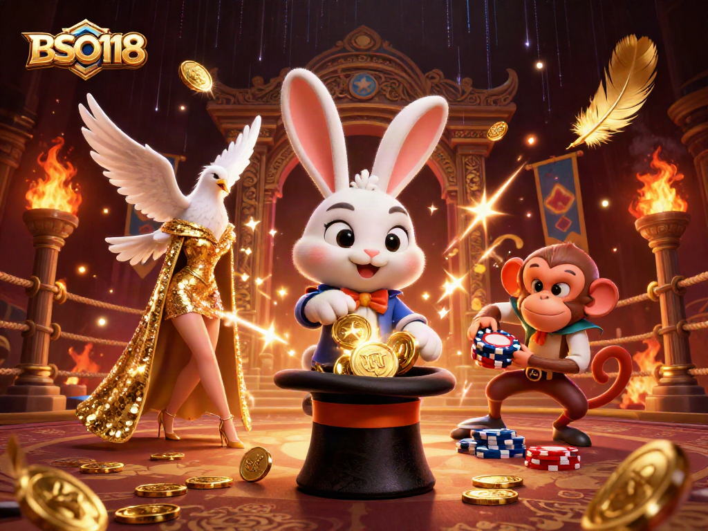 Engage with BSO118 as the magician rabbit conjures coins and poker chips in a vibrant casino scene.