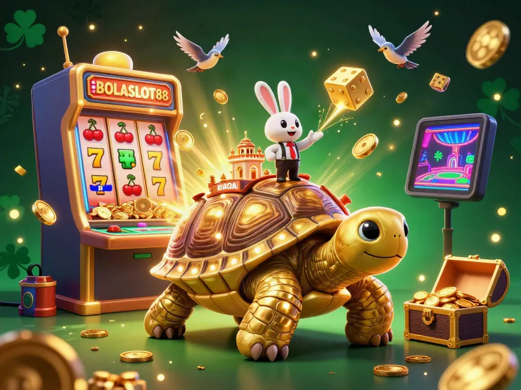 BOLASLOT88 showcases a vibrant scene with a golden tortoise casino, a rabbit dealer, and flying coins, highlighting jackpot entertainment.