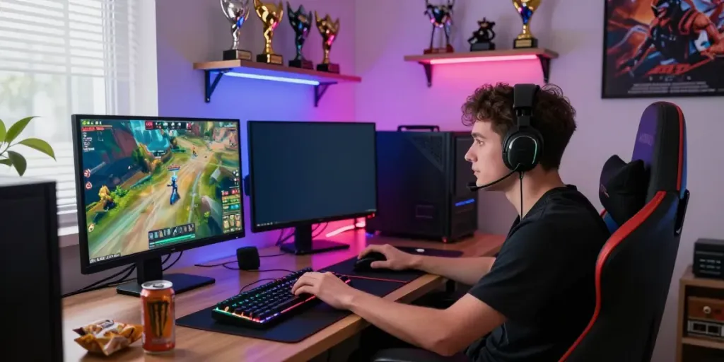 Engaged player enjoying game online in a vibrant gaming setup with modern decor.