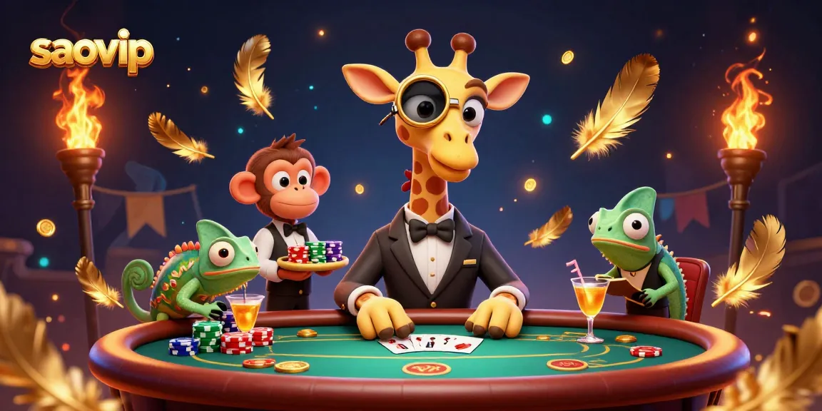 Engage with saovip's vibrant casino scene featuring a giraffe at a VIP poker table.
