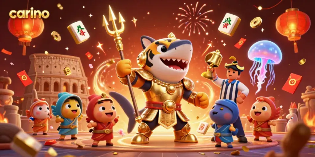 Experience the vibrant energy of the carino casino scene with an armored tiger shark battling in an underwater arena.