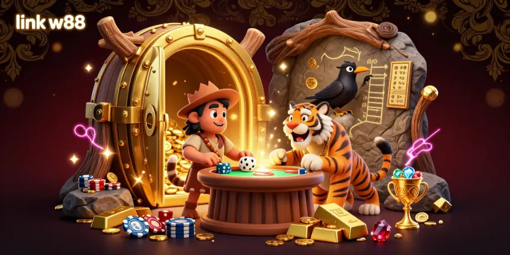 Engage with the thrilling link w88 experience in a vibrant, prehistoric casino setting.