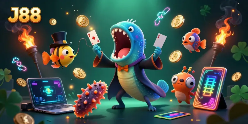 Experience thrilling magic at J88 with a vibrant scene featuring deep-sea casino characters.