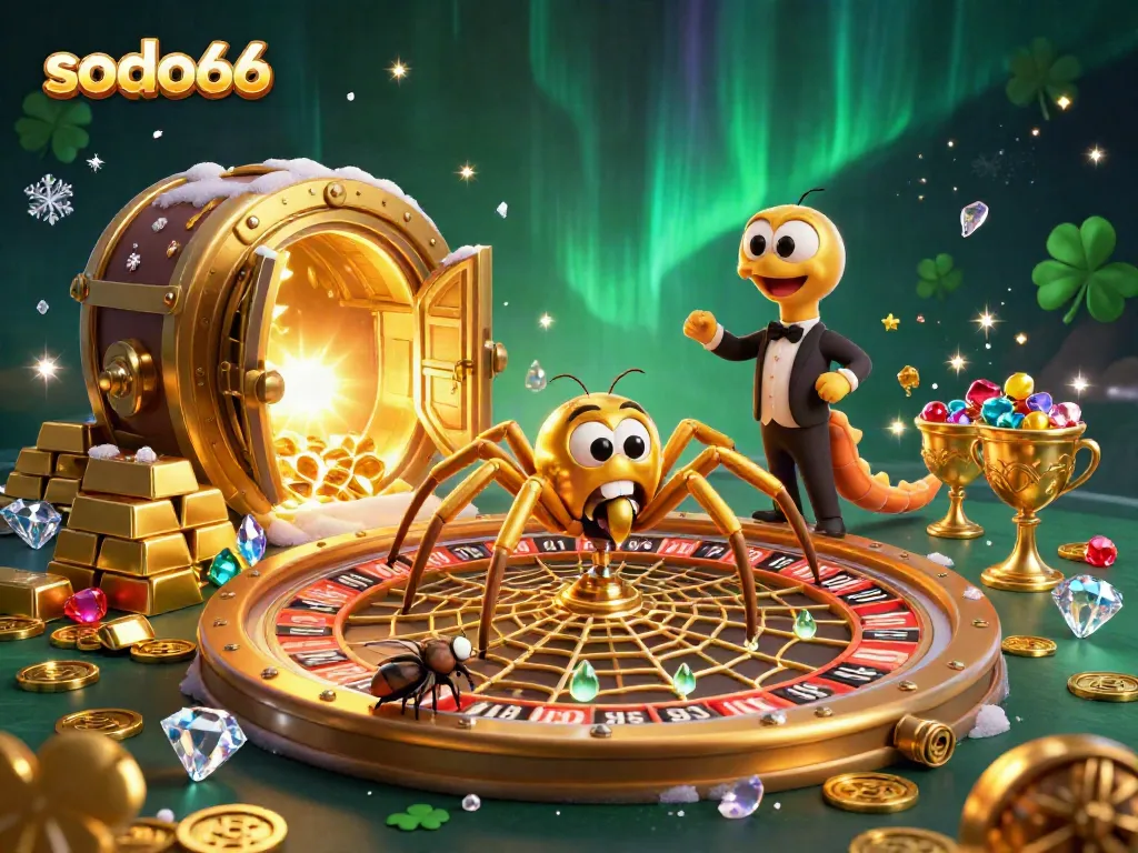 Join the thrilling action at sodo66 with this captivating casino scene featuring a fly betting at a spider's roulette.