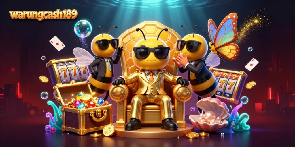 Spin to win at warungcash189 with vibrant slots and excited characters in a digital casino scene.