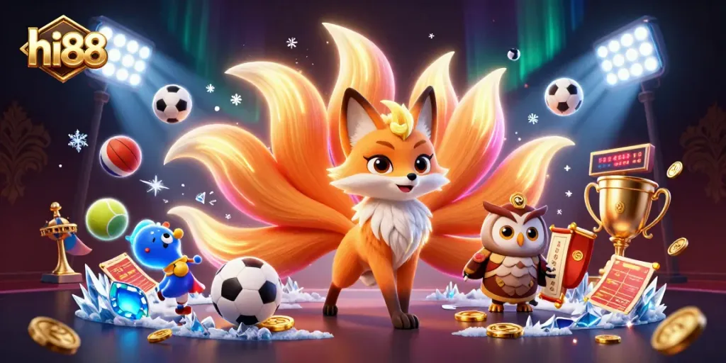 Engage with hi88 as a vibrant nine-tailed fox and an owl sage navigate colorful sports realms and gambling fun.