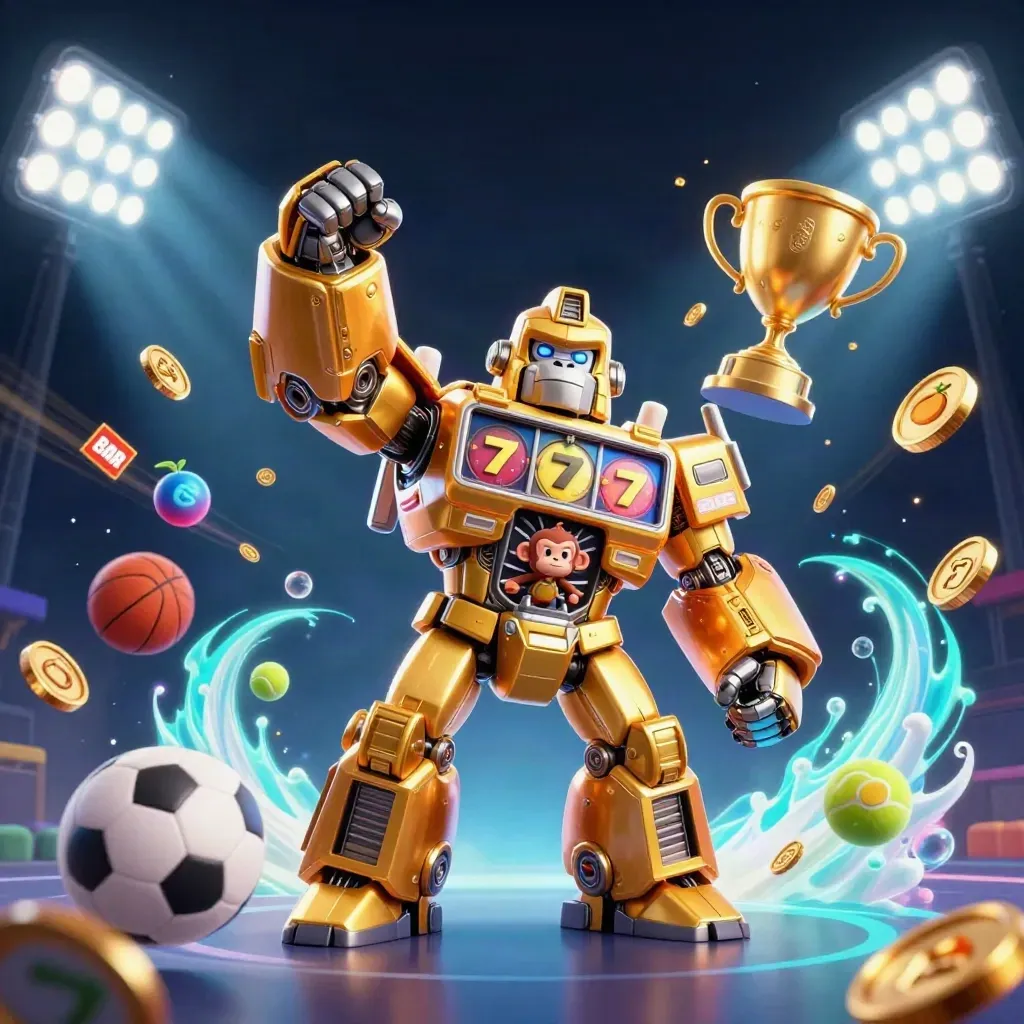 Golden gorilla mech with monkey pilot bursts through casino lights, coins, sports balls, and starry energy.