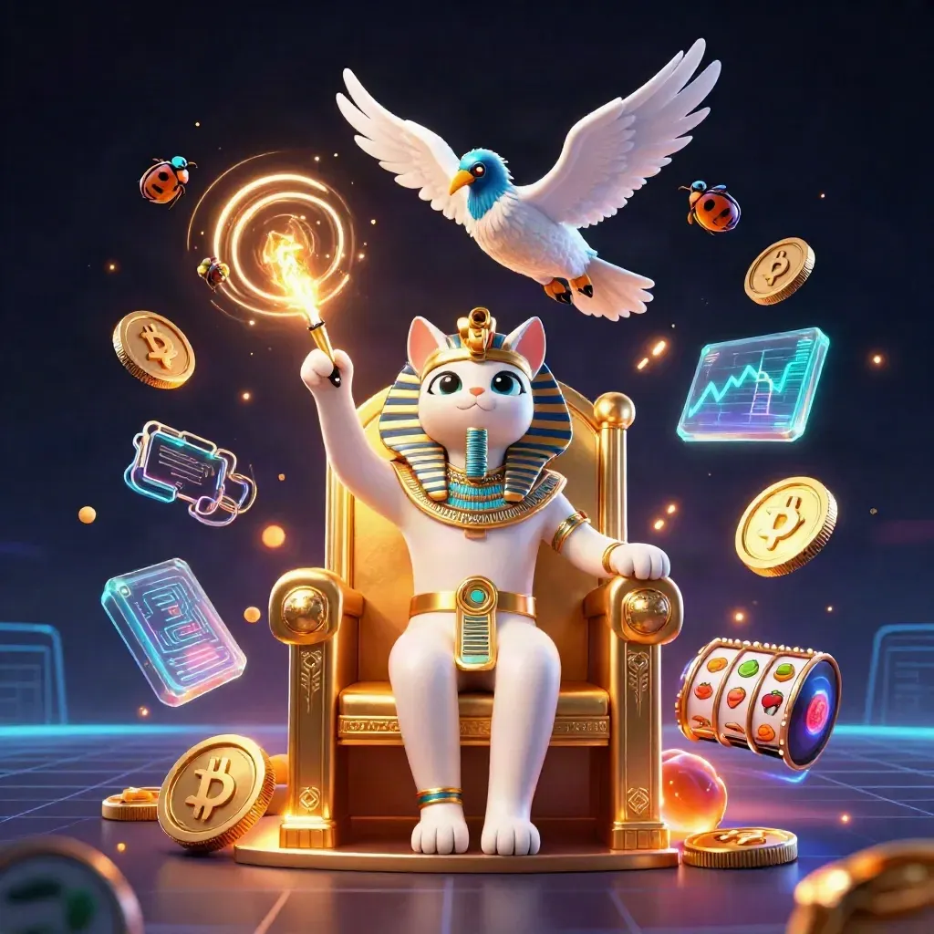 Pharaoh cat, ibis scribe and scarab wings amid glowing coins and casino lightning