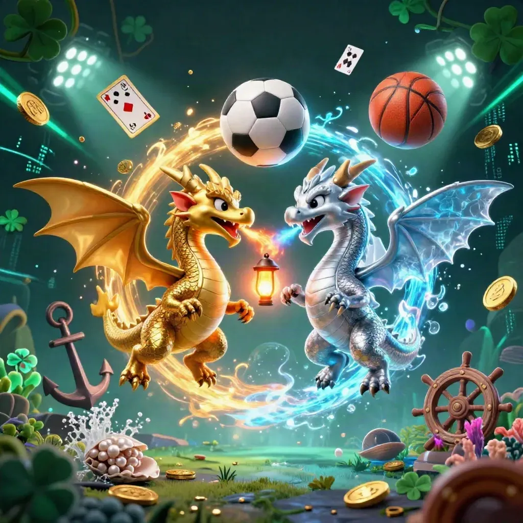 Gold and silver dragons spiral through fire and ice with casino sports and treasure effects in neon glow.