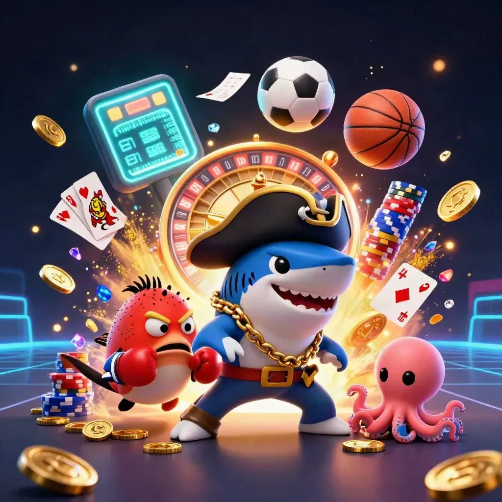 Pirate shark, pufferfish, and octopus amid casino coins, balls, chips, and neon light.