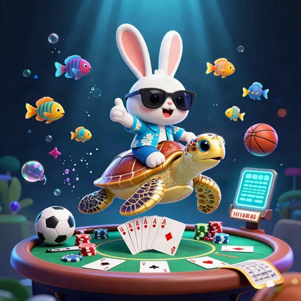 Lucky rabbit rides jeweled sea turtle amid poker chips, balls, and neon casino glow.