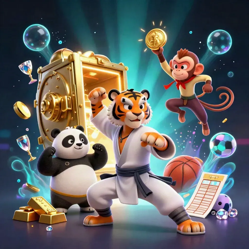 Tiger, panda and monkey amid gold vault blast, sports balls and casino glow.