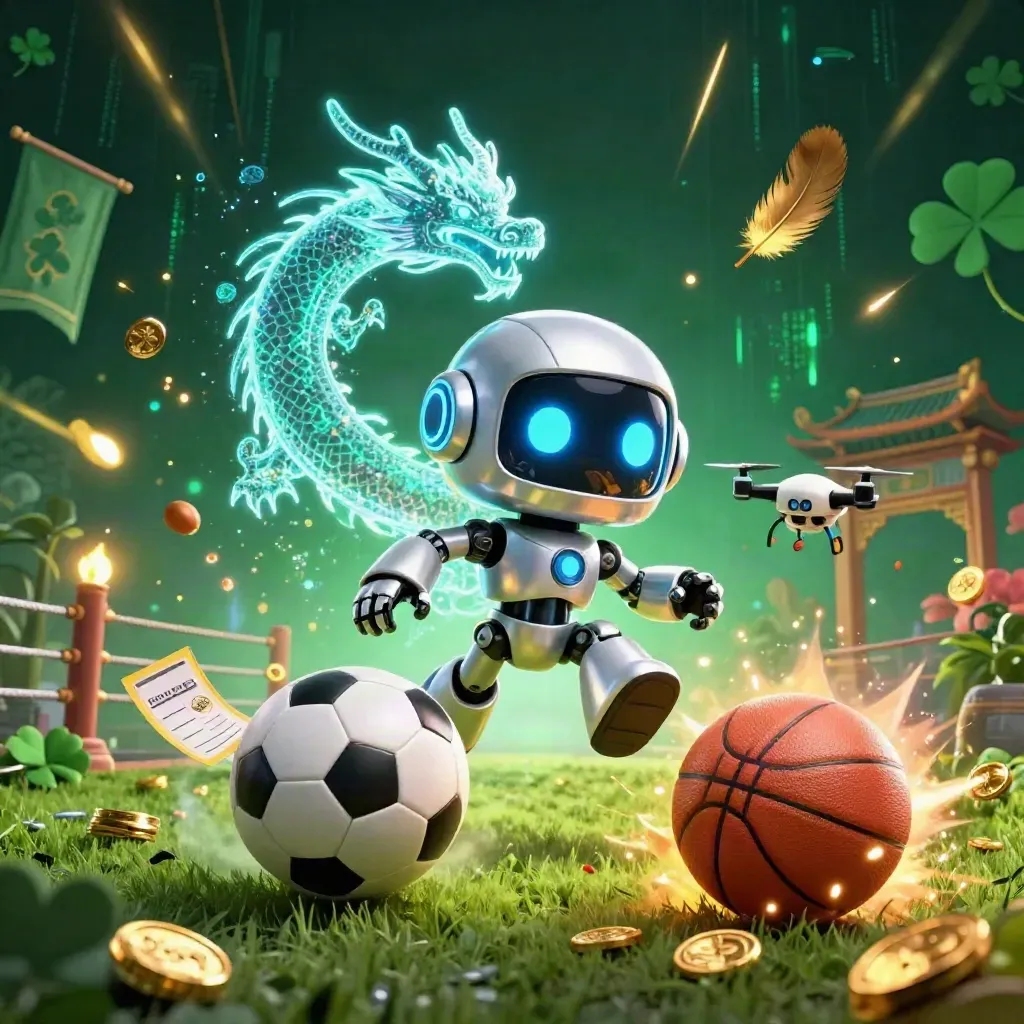 Chrome robot mascot, holographic dragon, and drone amid casino sports coins, ring fire, and neon.