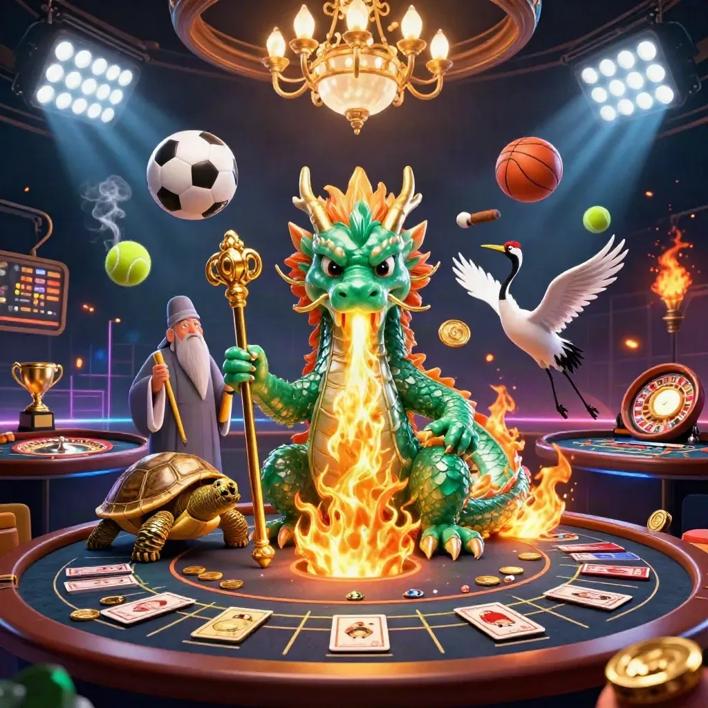Emerald dragon, turtle sage, and cranes in a neon casino scene with sports balls, trophy, and spinning wheel.