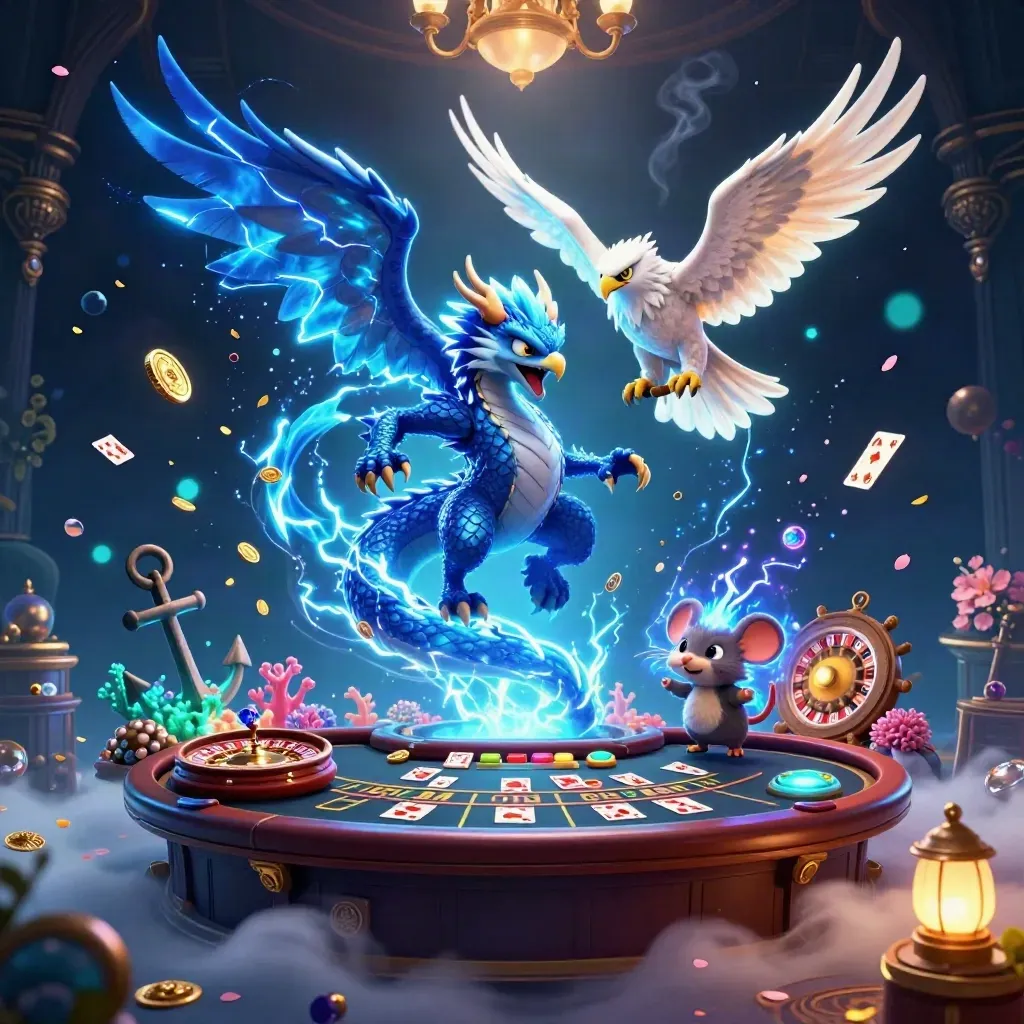 Thunder dragon, wind hawk, and static mouse in a glowing underwater casino treasure cove.