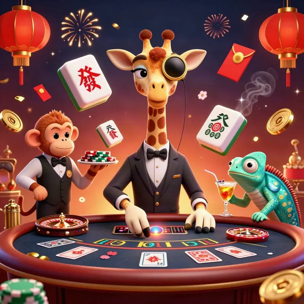 Three cartoon casino characters amid lanterns, coins, fireworks, roulette and cocktail glamour
