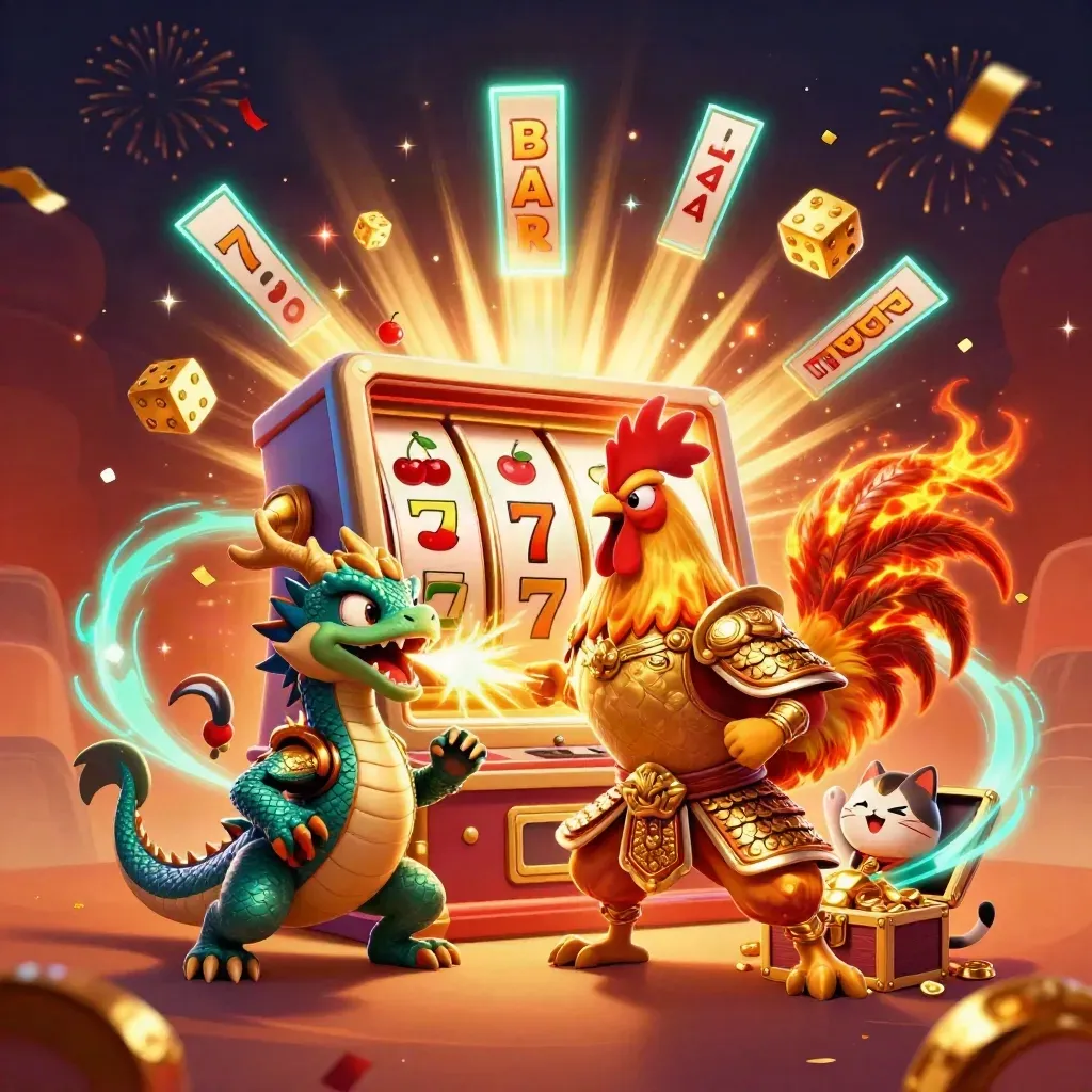 Rooster warrior, dragon hatchling, and fortune cat amid a bursting slot machine and gold sparks