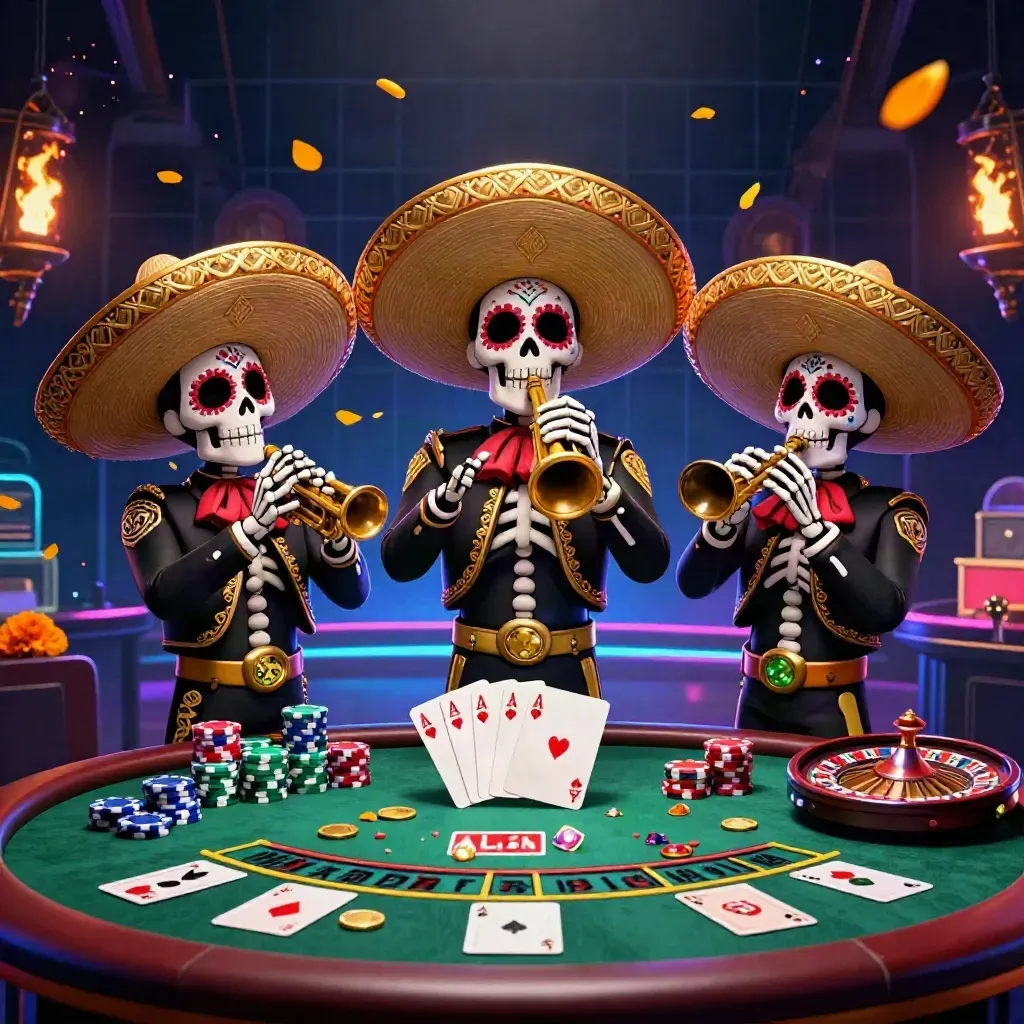 Skeleton mariachi trio over casino felt, chips, roulette wheel, and neon indigo horizon.