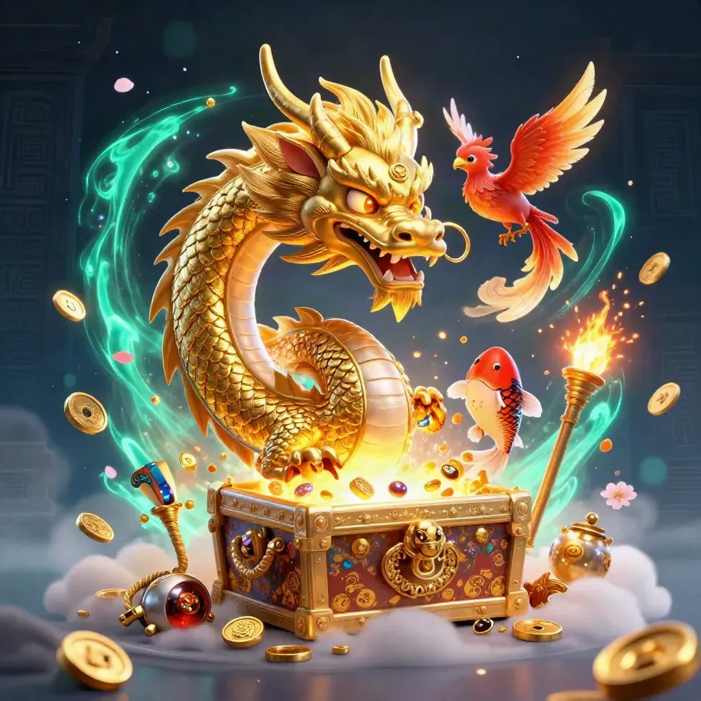 Golden dragon with phoenix and koi exploding from a treasure chest in a neon casino sky.