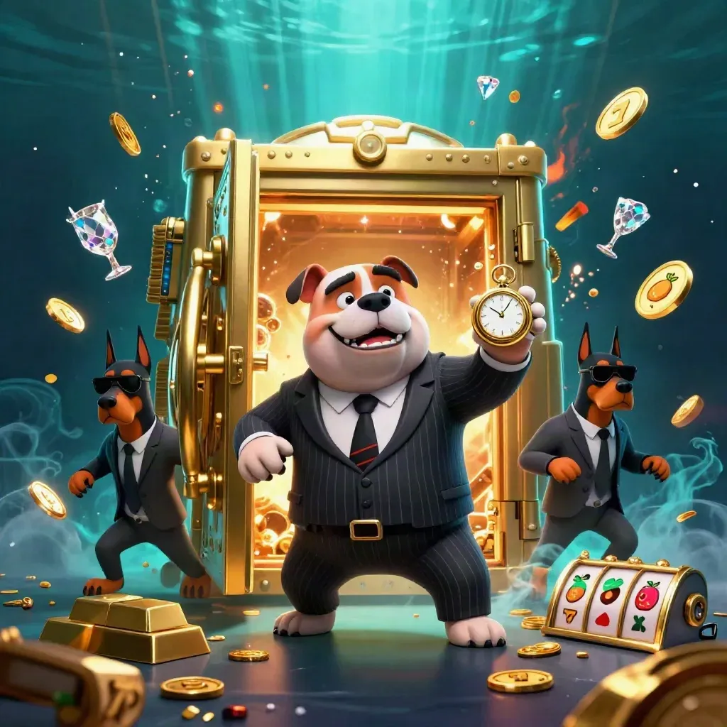 Mafia bulldog and two Dobermans burst from a golden vault in a teal underwater casino scene.