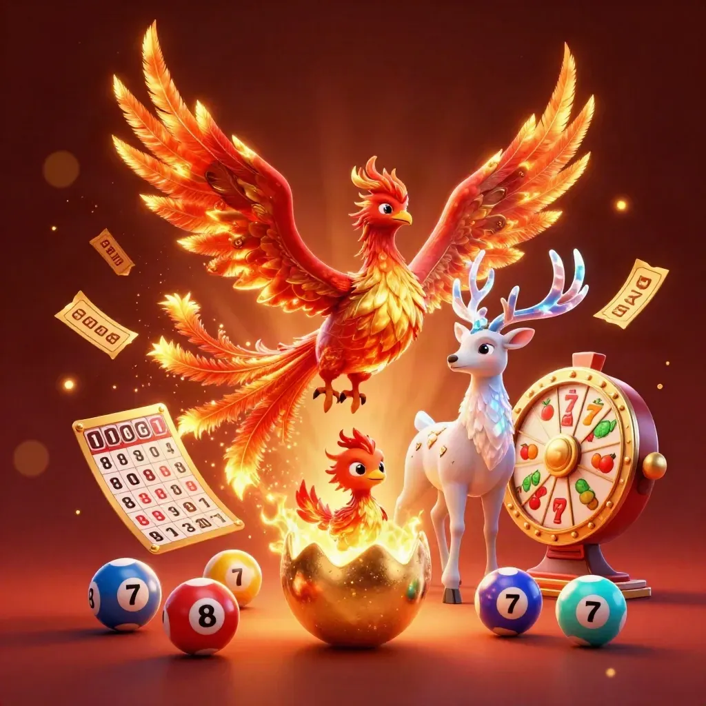 Fire phoenix, hatchling, and crystal stag amid casino bursts, gold glow, and ember sky