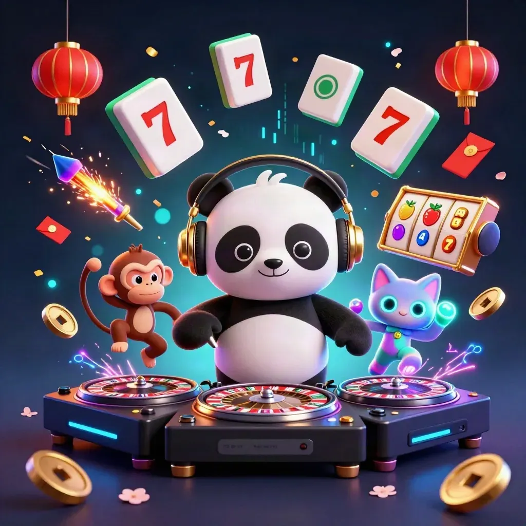 DJ panda, dancing monkey and rave kitten amid neon casino effects, lanterns, jade coins and teal light
